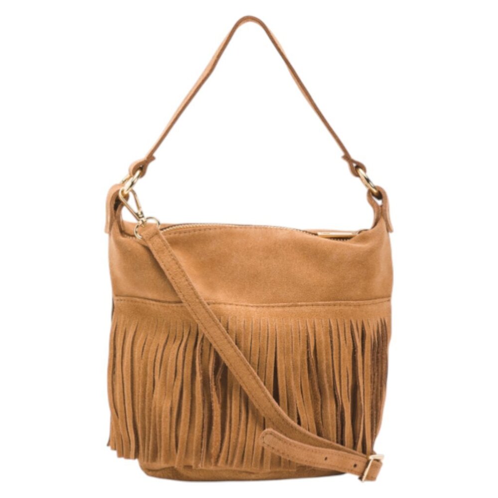 MARLON Made In Italy Suede Hobo Bucket Bag With Fringe Trim
